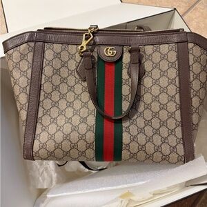 Gucci Beige and Brown Tote with Green and Red Stripe